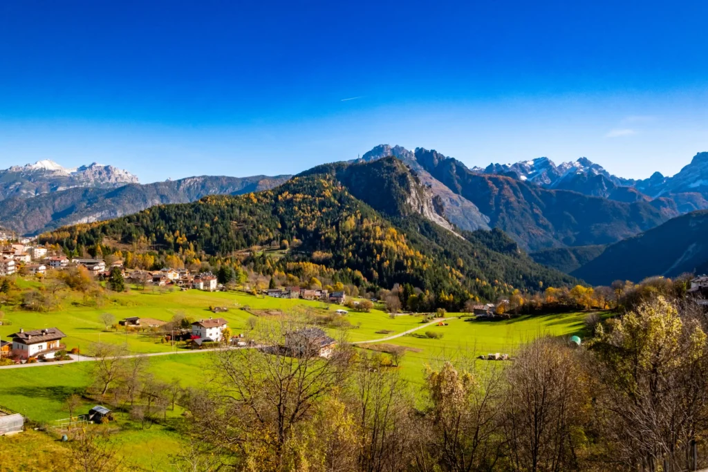 Scenic view of Valle di Cadore and the Dolomites from Mountain View Apartment terrace.